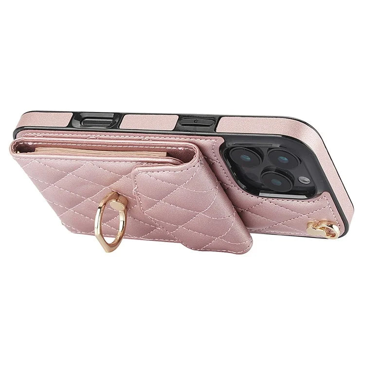 For iPhone 16 Pro Max Case Card Bag Leather+TPU Crossbody Phone Cover with Ring Kickstand