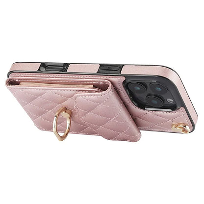 For iPhone 16 Pro Max Case Card Bag Leather+TPU Crossbody Phone Cover with Ring Kickstand