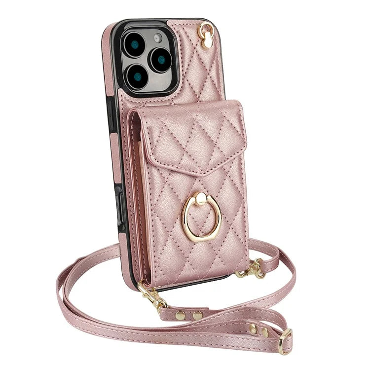 For iPhone 16 Pro Max Case Card Bag Leather+TPU Crossbody Phone Cover with Ring Kickstand