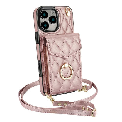 For iPhone 16 Pro Max Case Card Bag Leather+TPU Crossbody Phone Cover with Ring Kickstand