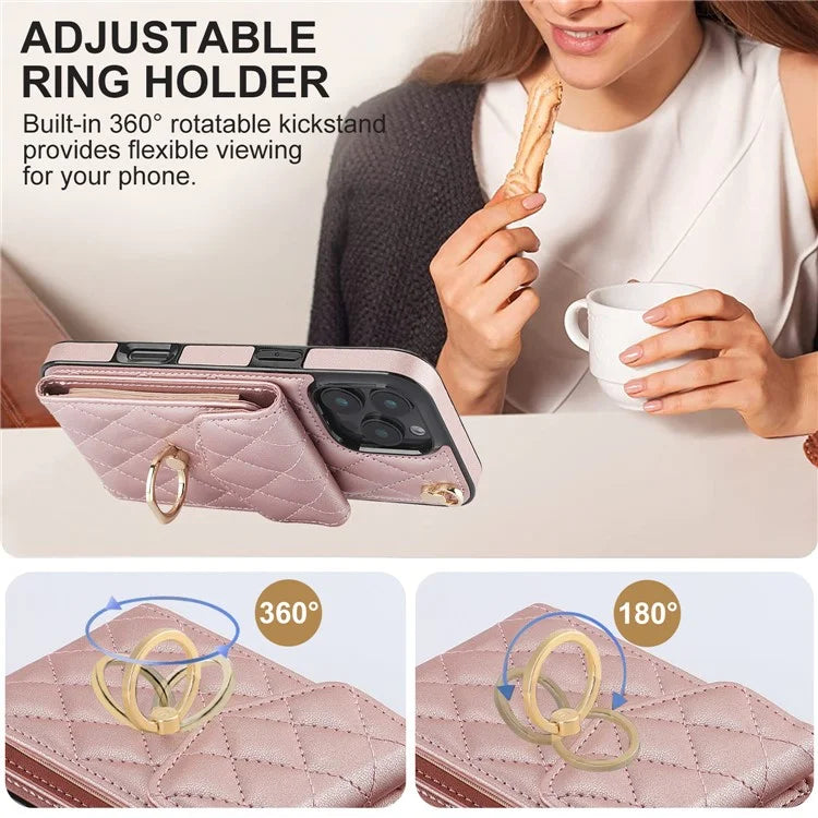 For iPhone 16 Pro Max Case Card Bag Leather+TPU Crossbody Phone Cover with Ring Kickstand