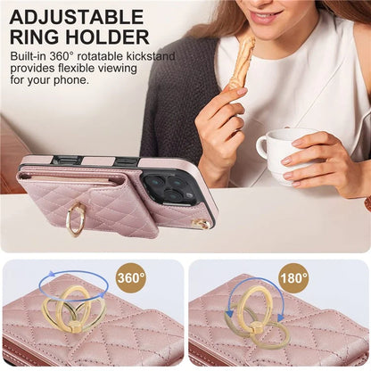 For iPhone 16 Pro Max Case Card Bag Leather+TPU Crossbody Phone Cover with Ring Kickstand