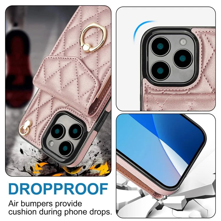 For iPhone 16 Pro Max Case Card Bag Leather+TPU Crossbody Phone Cover with Ring Kickstand