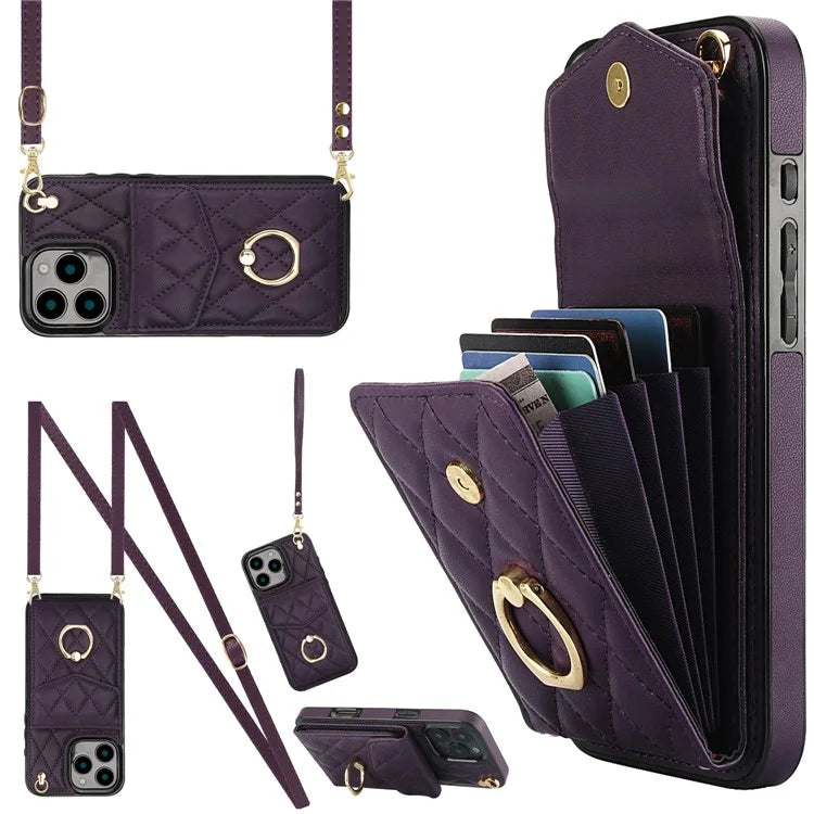 For iPhone 16 Pro Max Case Card Bag Leather+TPU Crossbody Phone Cover with Ring Kickstand