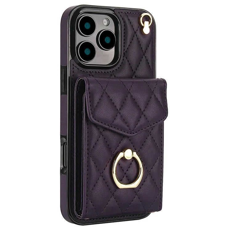For iPhone 16 Pro Max Case Card Bag Leather+TPU Crossbody Phone Cover with Ring Kickstand