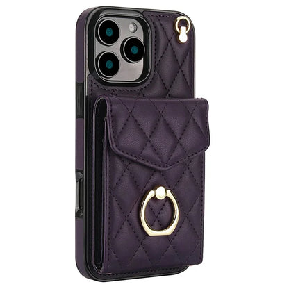 For iPhone 16 Pro Max Case Card Bag Leather+TPU Crossbody Phone Cover with Ring Kickstand