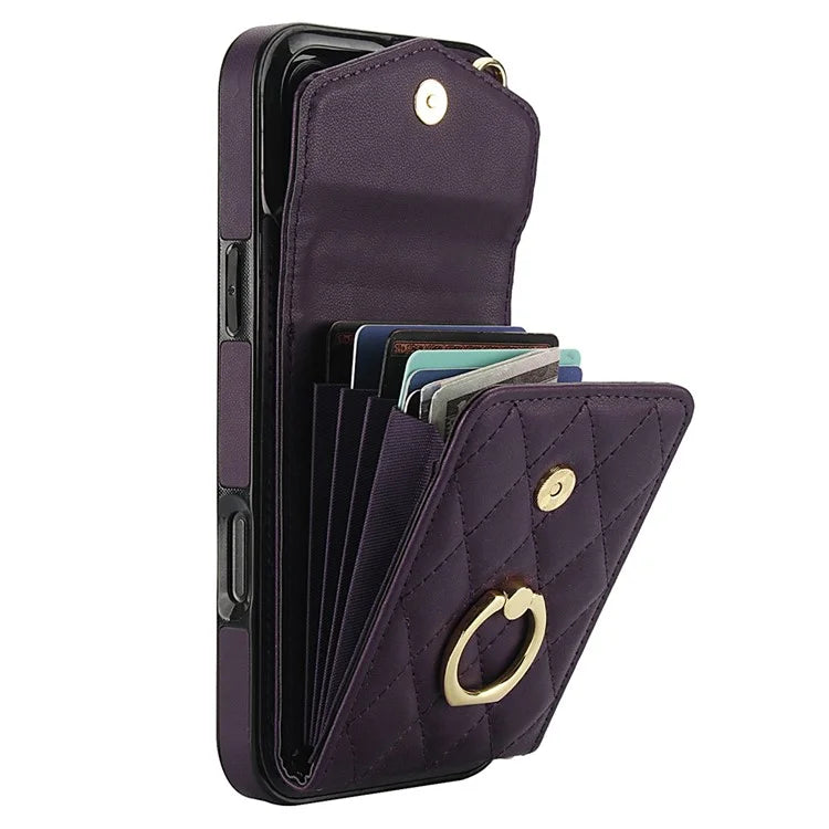 For iPhone 16 Pro Max Case Card Bag Leather+TPU Crossbody Phone Cover with Ring Kickstand