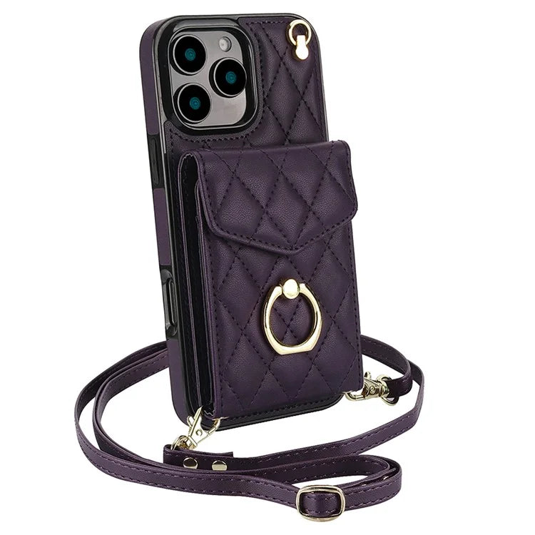 For iPhone 16 Pro Max Case Card Bag Leather+TPU Crossbody Phone Cover with Ring Kickstand