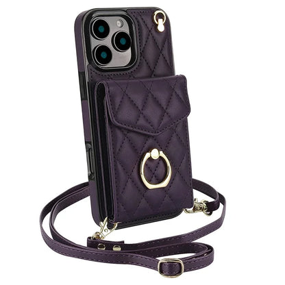 For iPhone 16 Pro Max Case Card Bag Leather+TPU Crossbody Phone Cover with Ring Kickstand