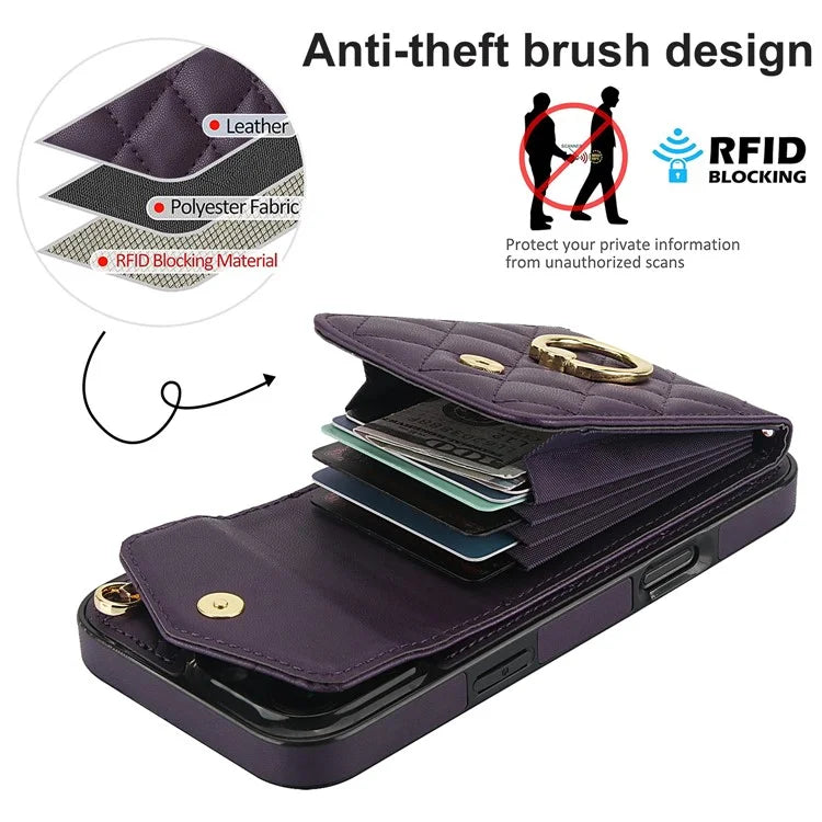For iPhone 16 Pro Max Case Card Bag Leather+TPU Crossbody Phone Cover with Ring Kickstand
