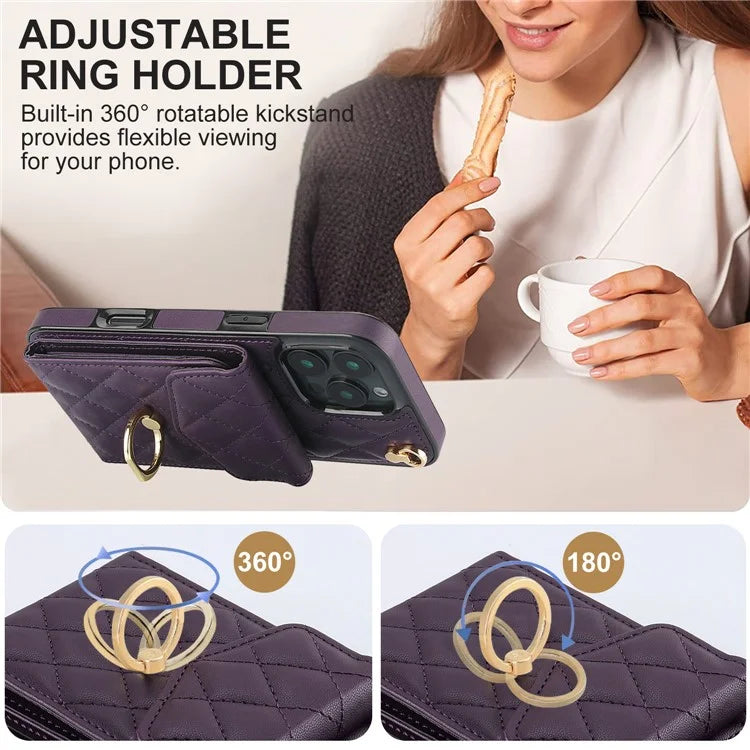 For iPhone 16 Pro Max Case Card Bag Leather+TPU Crossbody Phone Cover with Ring Kickstand
