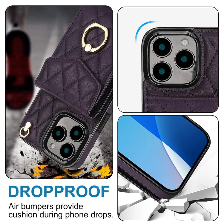 For iPhone 16 Pro Max Case Card Bag Leather+TPU Crossbody Phone Cover with Ring Kickstand
