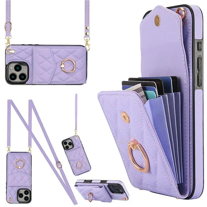 For iPhone 16 Pro Max Case Card Bag Leather+TPU Crossbody Phone Cover with Ring Kickstand