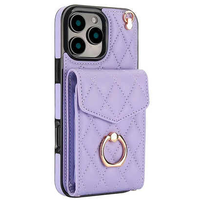For iPhone 16 Pro Max Case Card Bag Leather+TPU Crossbody Phone Cover with Ring Kickstand