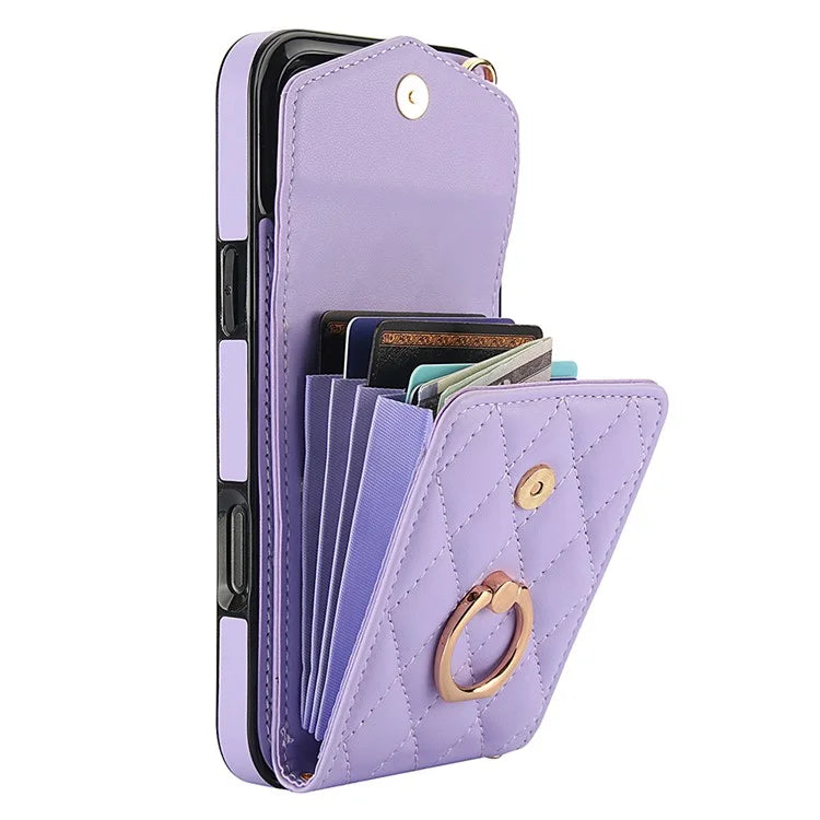 For iPhone 16 Pro Max Case Card Bag Leather+TPU Crossbody Phone Cover with Ring Kickstand