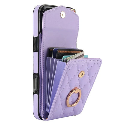For iPhone 16 Pro Max Case Card Bag Leather+TPU Crossbody Phone Cover with Ring Kickstand