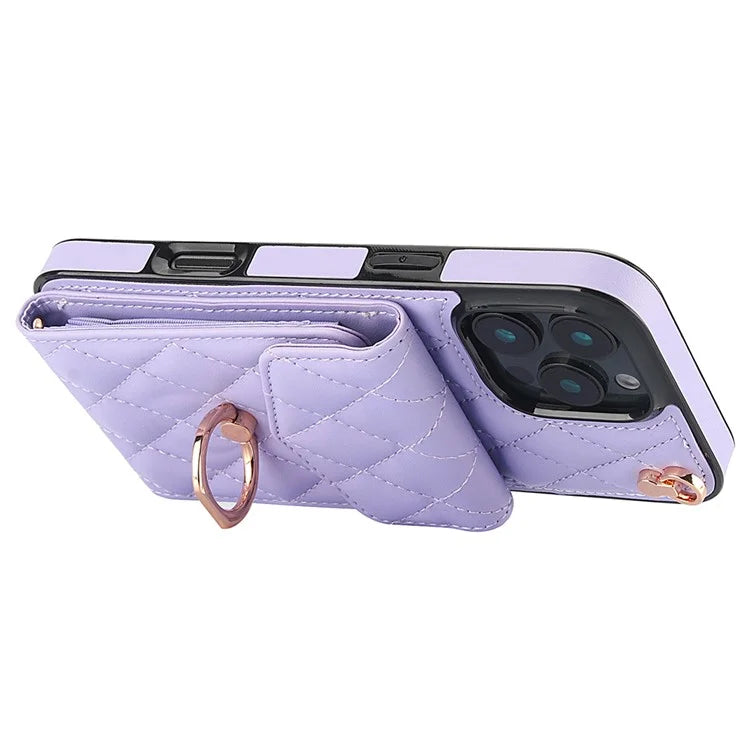 For iPhone 16 Pro Max Case Card Bag Leather+TPU Crossbody Phone Cover with Ring Kickstand