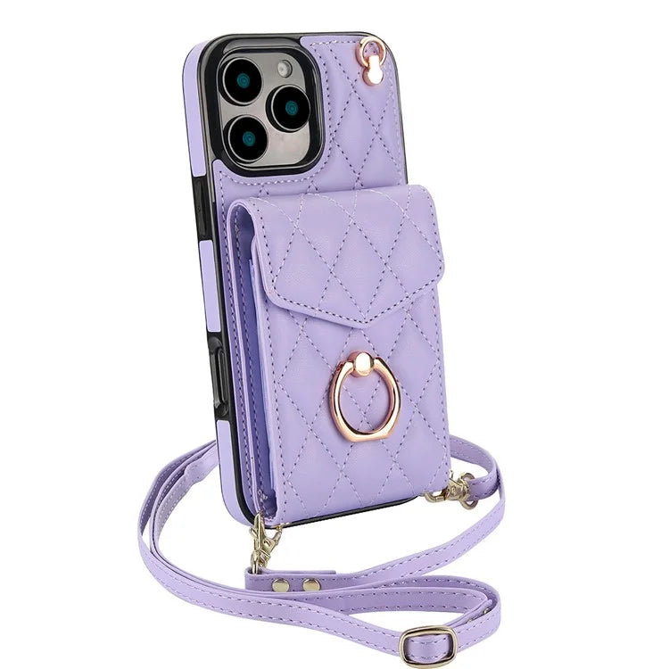 For iPhone 16 Pro Max Case Card Bag Leather+TPU Crossbody Phone Cover with Ring Kickstand