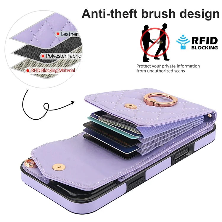 For iPhone 16 Pro Max Case Card Bag Leather+TPU Crossbody Phone Cover with Ring Kickstand