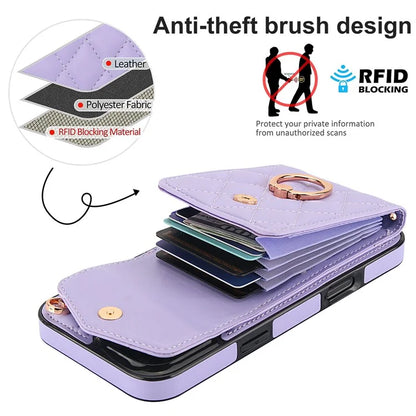 For iPhone 16 Pro Max Case Card Bag Leather+TPU Crossbody Phone Cover with Ring Kickstand