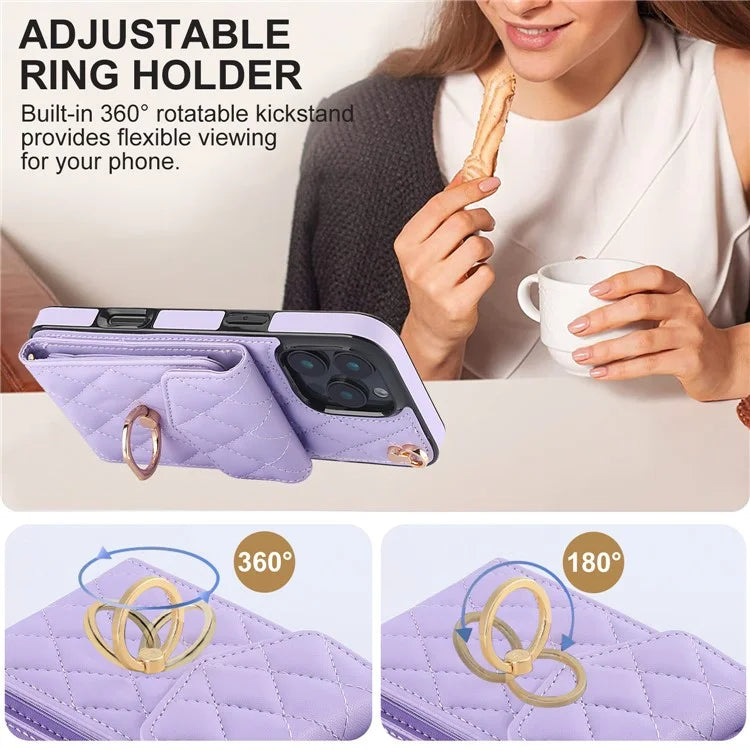 For iPhone 16 Pro Max Case Card Bag Leather+TPU Crossbody Phone Cover with Ring Kickstand