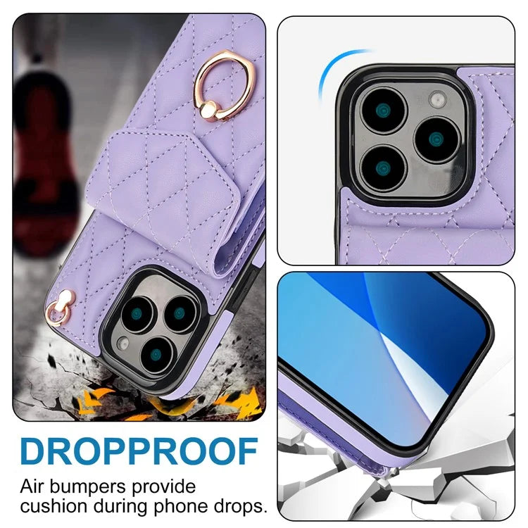 For iPhone 16 Pro Max Case Card Bag Leather+TPU Crossbody Phone Cover with Ring Kickstand