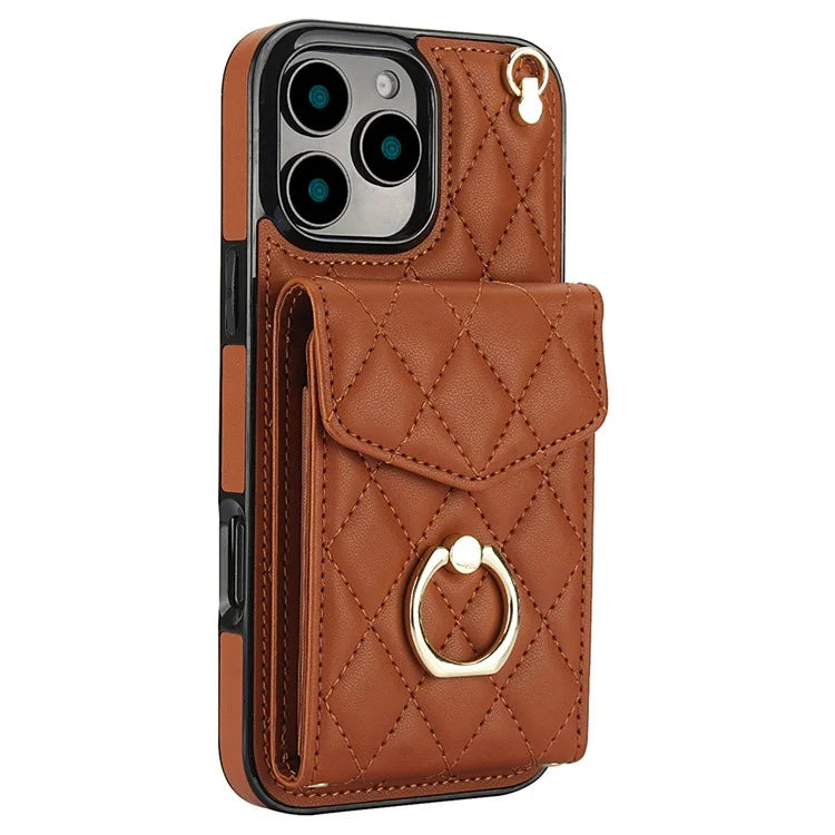 For iPhone 16 Pro Max Case Card Bag Leather+TPU Crossbody Phone Cover with Ring Kickstand