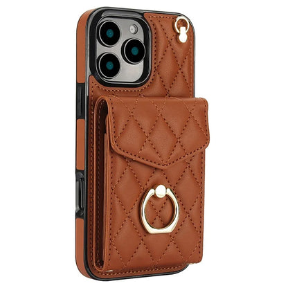 For iPhone 16 Pro Max Case Card Bag Leather+TPU Crossbody Phone Cover with Ring Kickstand