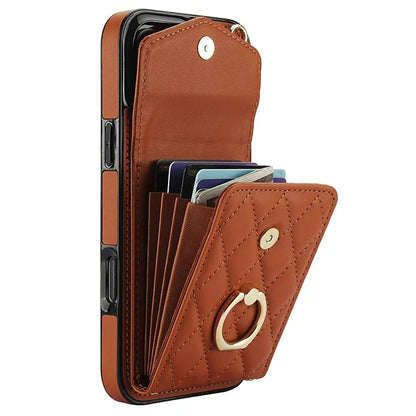 For iPhone 16 Pro Max Case Card Bag Leather+TPU Crossbody Phone Cover with Ring Kickstand