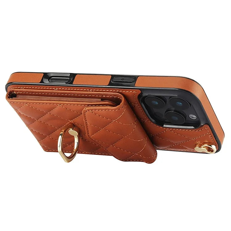 For iPhone 16 Pro Max Case Card Bag Leather+TPU Crossbody Phone Cover with Ring Kickstand