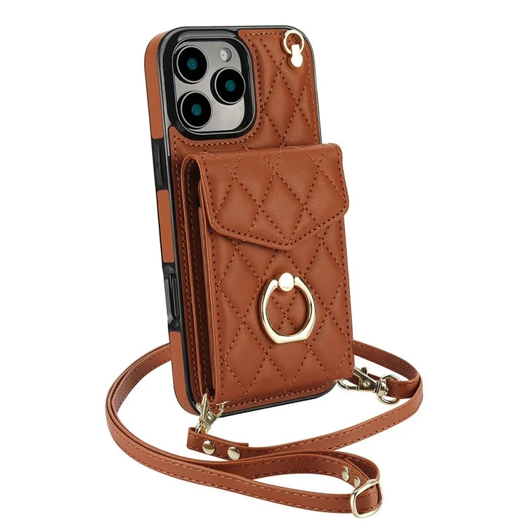 For iPhone 16 Pro Max Case Card Bag Leather+TPU Crossbody Phone Cover with Ring Kickstand