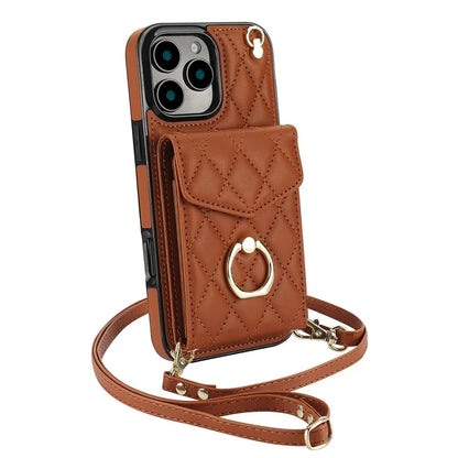 For iPhone 16 Pro Max Case Card Bag Leather+TPU Crossbody Phone Cover with Ring Kickstand