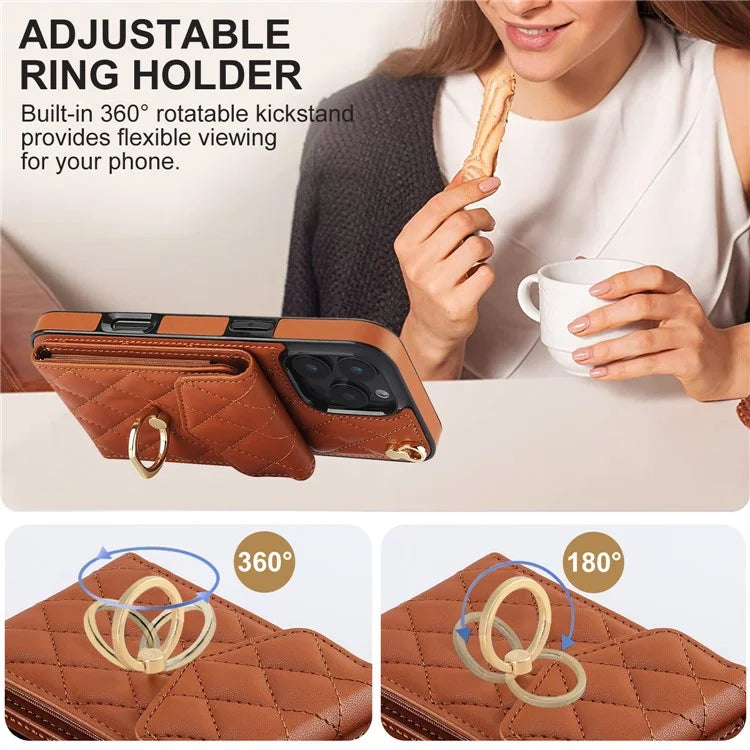 For iPhone 16 Pro Max Case Card Bag Leather+TPU Crossbody Phone Cover with Ring Kickstand