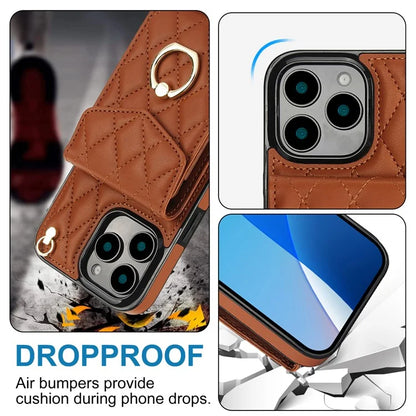 For iPhone 16 Pro Max Case Card Bag Leather+TPU Crossbody Phone Cover with Ring Kickstand