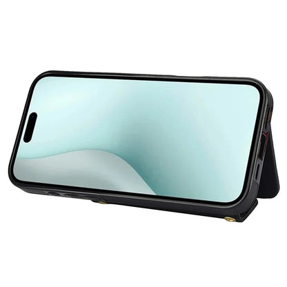 For iPhone 16 Case Card Holders RFID Blocking PU Leather+TPU Phone Cover with Shoulder Strap