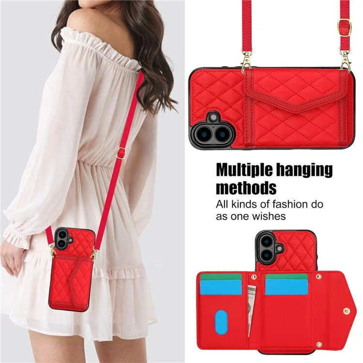 For iPhone 16 Case Card Holders RFID Blocking PU Leather+TPU Phone Cover with Shoulder Strap