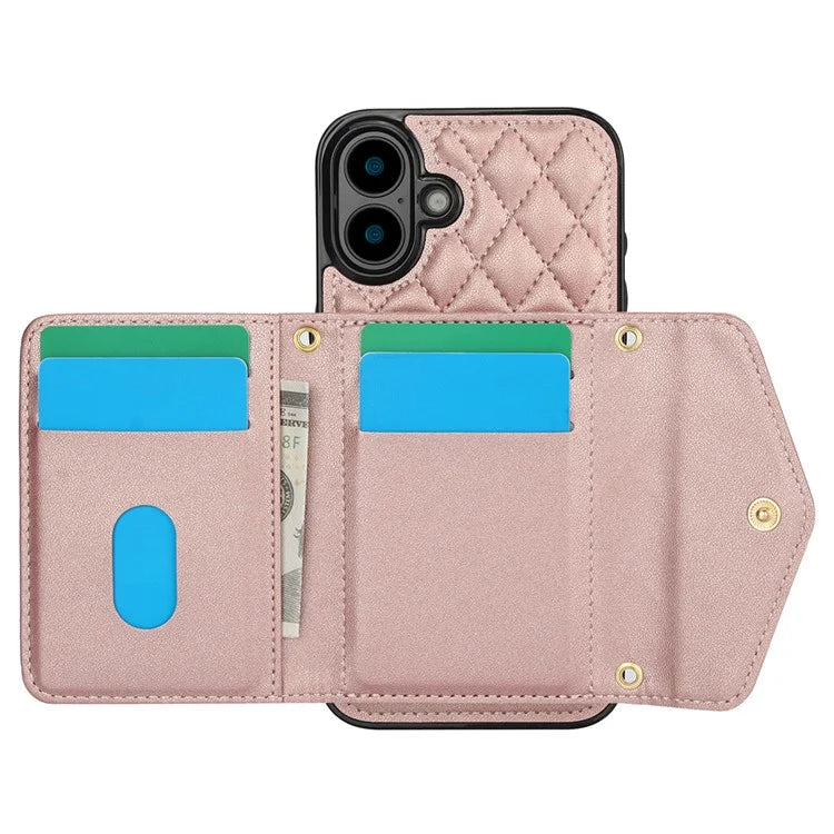 For iPhone 16 Case Card Holders RFID Blocking PU Leather+TPU Phone Cover with Shoulder Strap