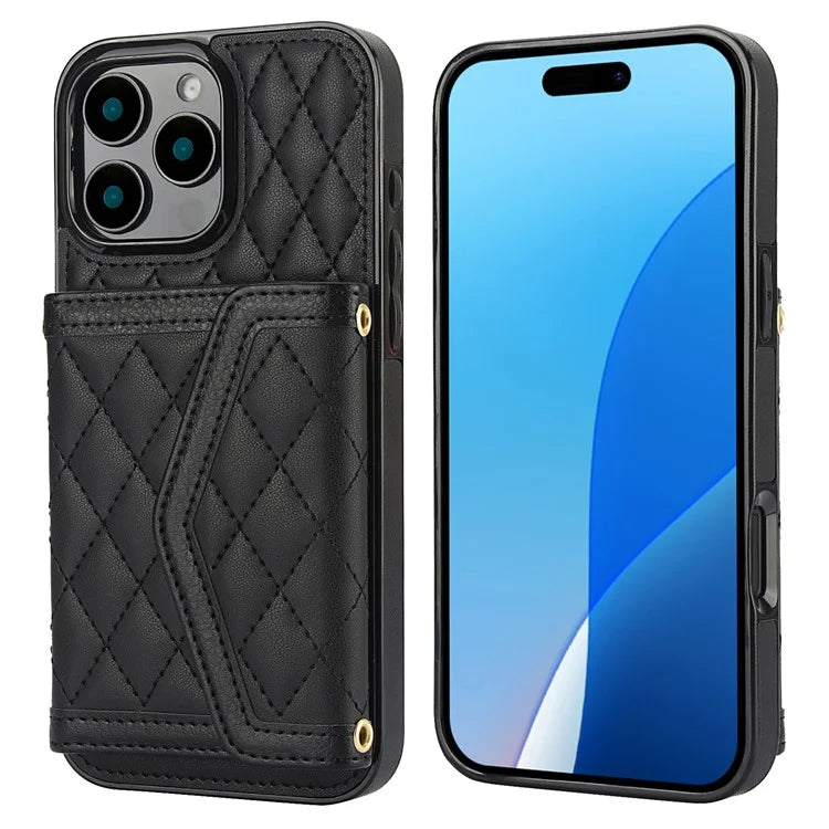 For iPhone 16 Pro Case Card Holders RFID Blocking PU Leather+TPU Phone Cover with Shoulder Strap