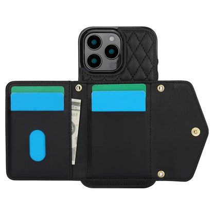 For iPhone 16 Pro Case Card Holders RFID Blocking PU Leather+TPU Phone Cover with Shoulder Strap
