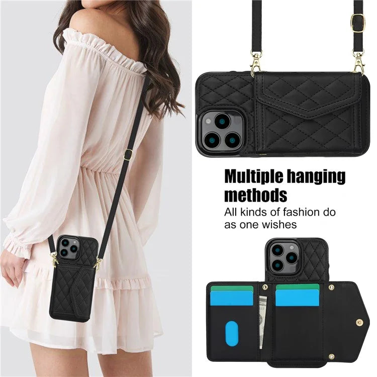 For iPhone 16 Pro Case Card Holders RFID Blocking PU Leather+TPU Phone Cover with Shoulder Strap