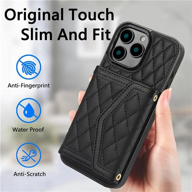 For iPhone 16 Pro Case Card Holders RFID Blocking PU Leather+TPU Phone Cover with Shoulder Strap