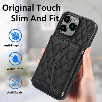 For iPhone 16 Pro Case Card Holders RFID Blocking PU Leather+TPU Phone Cover with Shoulder Strap