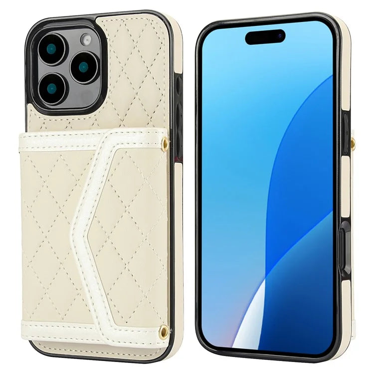 For iPhone 16 Pro Case Card Holders RFID Blocking PU Leather+TPU Phone Cover with Shoulder Strap