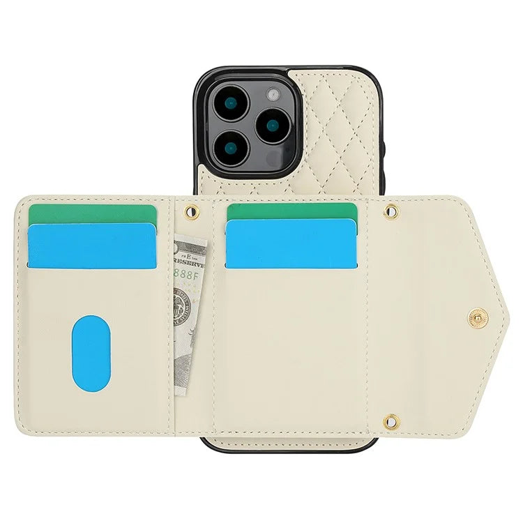 For iPhone 16 Pro Case Card Holders RFID Blocking PU Leather+TPU Phone Cover with Shoulder Strap