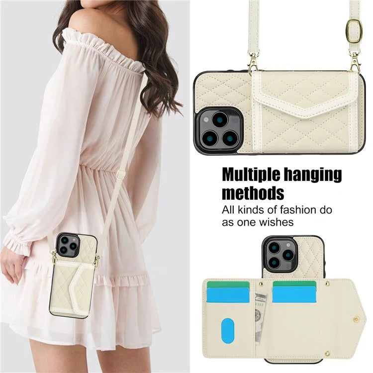 For iPhone 16 Pro Case Card Holders RFID Blocking PU Leather+TPU Phone Cover with Shoulder Strap