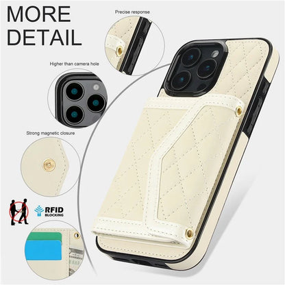 For iPhone 16 Pro Case Card Holders RFID Blocking PU Leather+TPU Phone Cover with Shoulder Strap