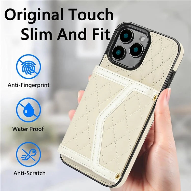 For iPhone 16 Pro Case Card Holders RFID Blocking PU Leather+TPU Phone Cover with Shoulder Strap