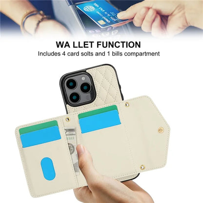 For iPhone 16 Pro Case Card Holders RFID Blocking PU Leather+TPU Phone Cover with Shoulder Strap