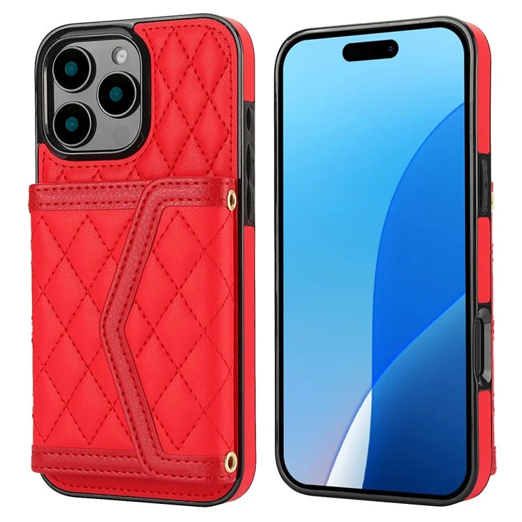 For iPhone 16 Pro Case Card Holders RFID Blocking PU Leather+TPU Phone Cover with Shoulder Strap