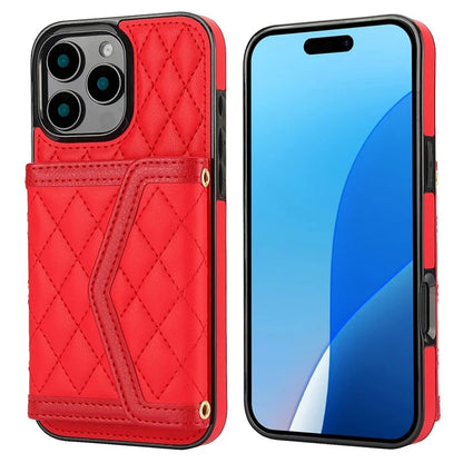 For iPhone 16 Pro Case Card Holders RFID Blocking PU Leather+TPU Phone Cover with Shoulder Strap